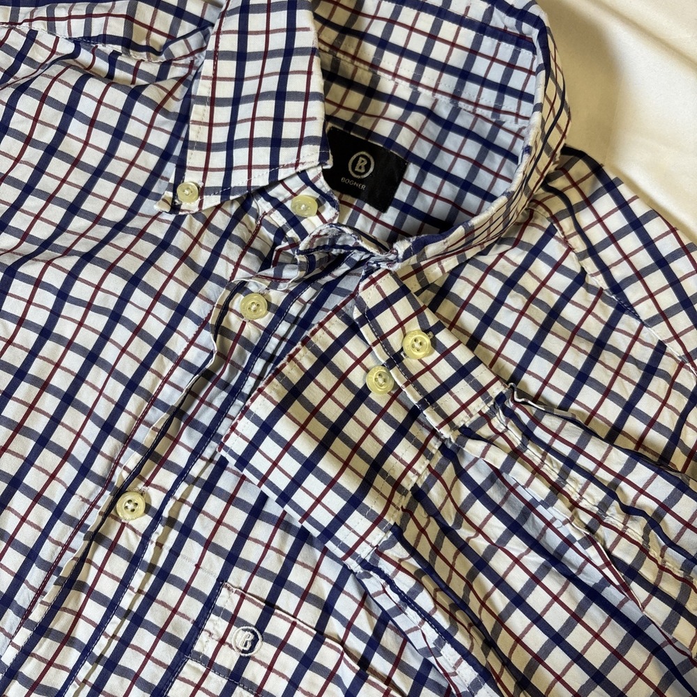 Bogner Men's L (41) Cotton Plaid Button Down Shirt White  Long Sleeve Casual